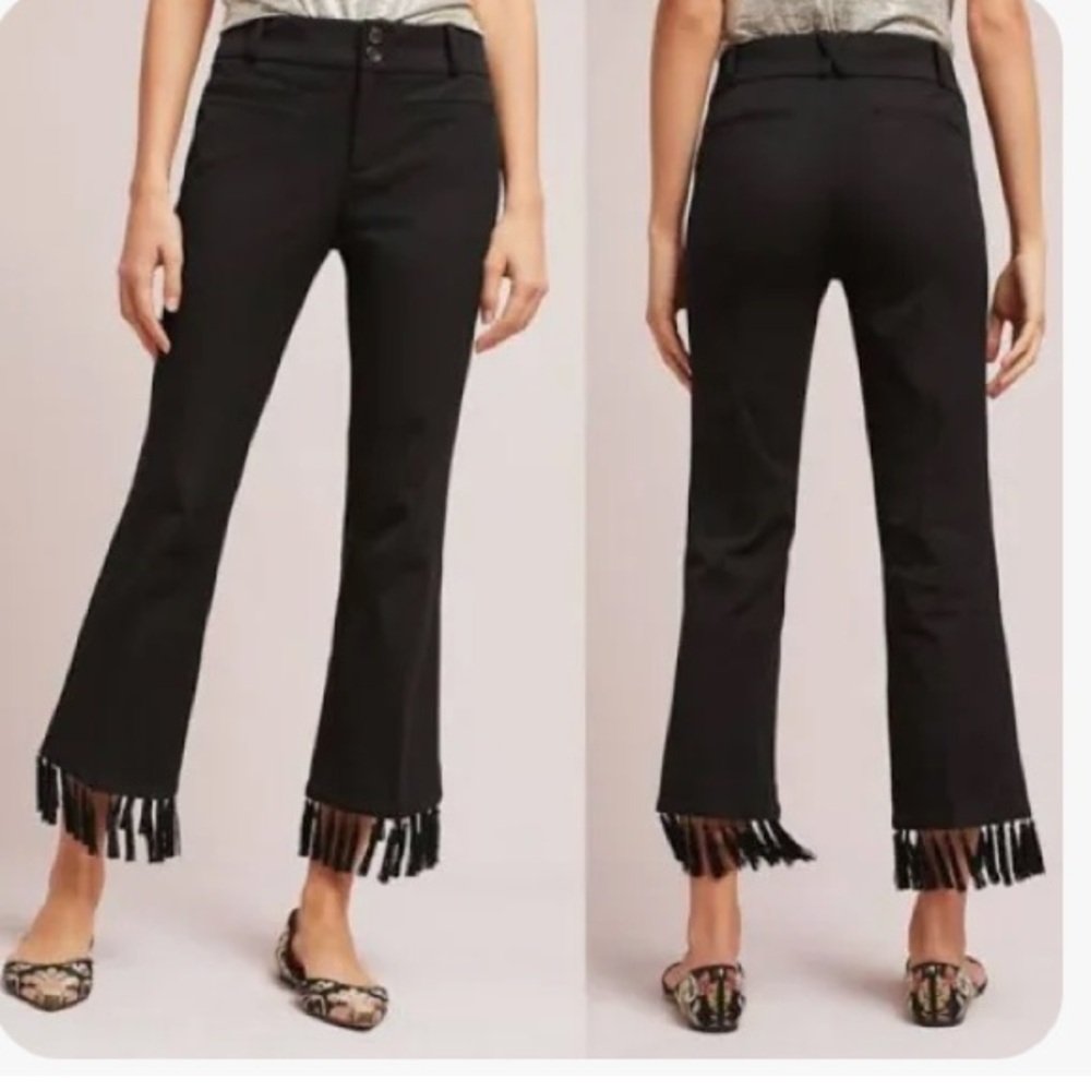 Anthropologie black essential crop flare fringe hem pants size US 8